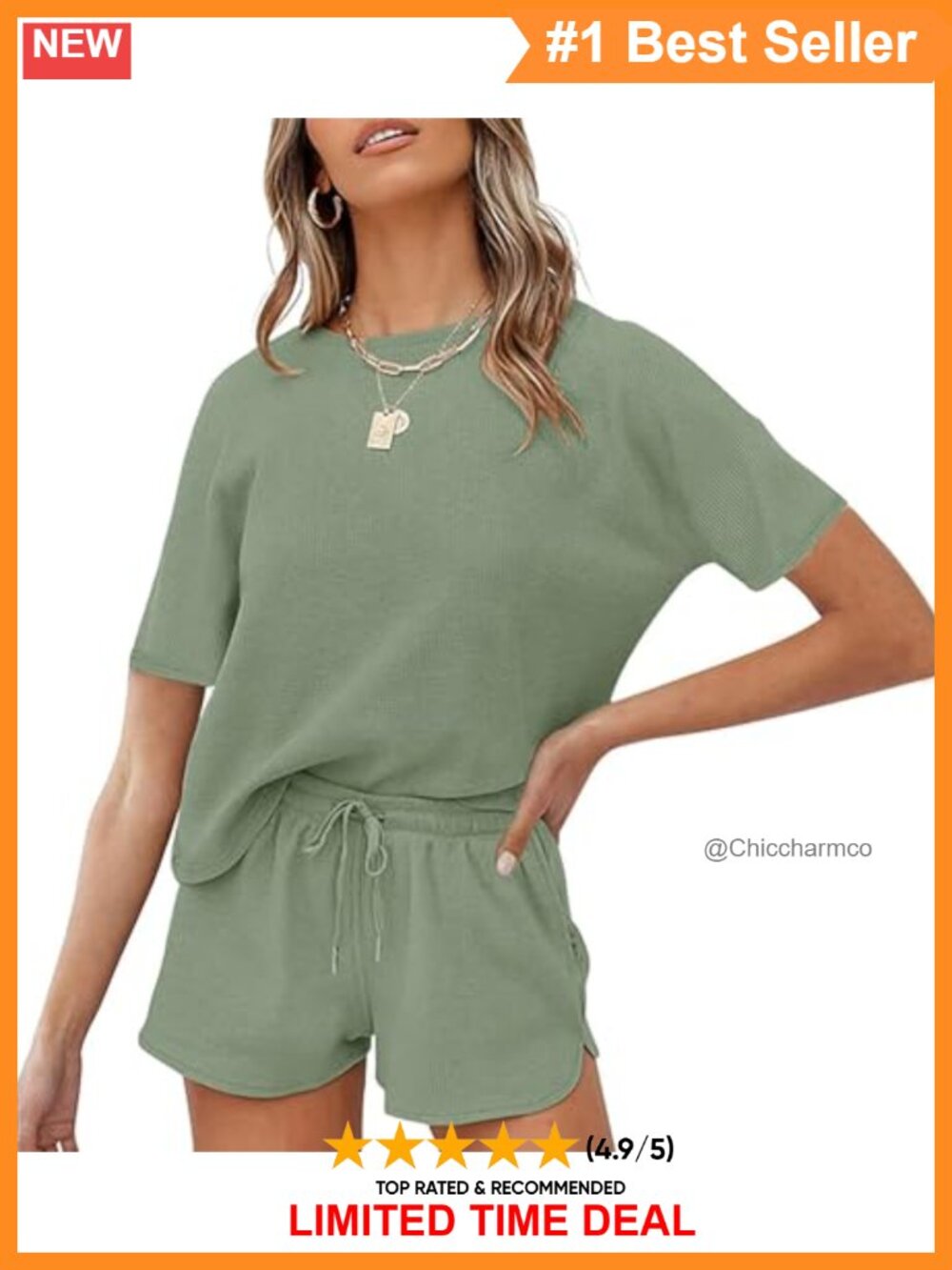 Waffle Knit Pajama Set Short Sleeve Tee & Drawstring Shorts 2 Piece Lounge